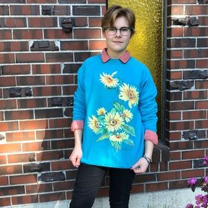 Vintage blue sweater with hand painted sunflowers
